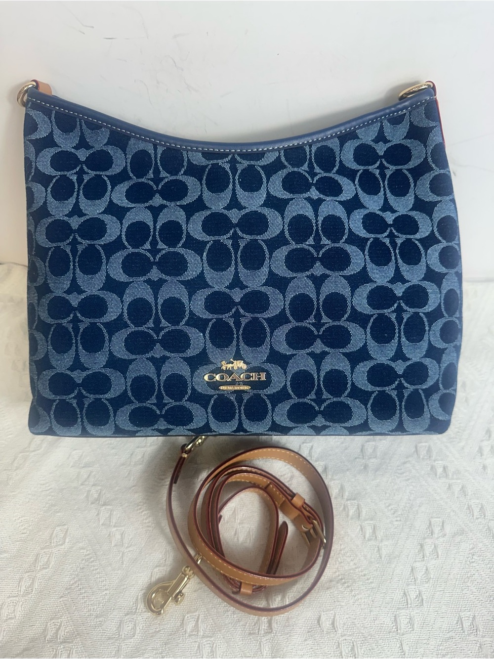 NiceCoach Blue Signature Canvas Shoulder Bag with Tan Strap